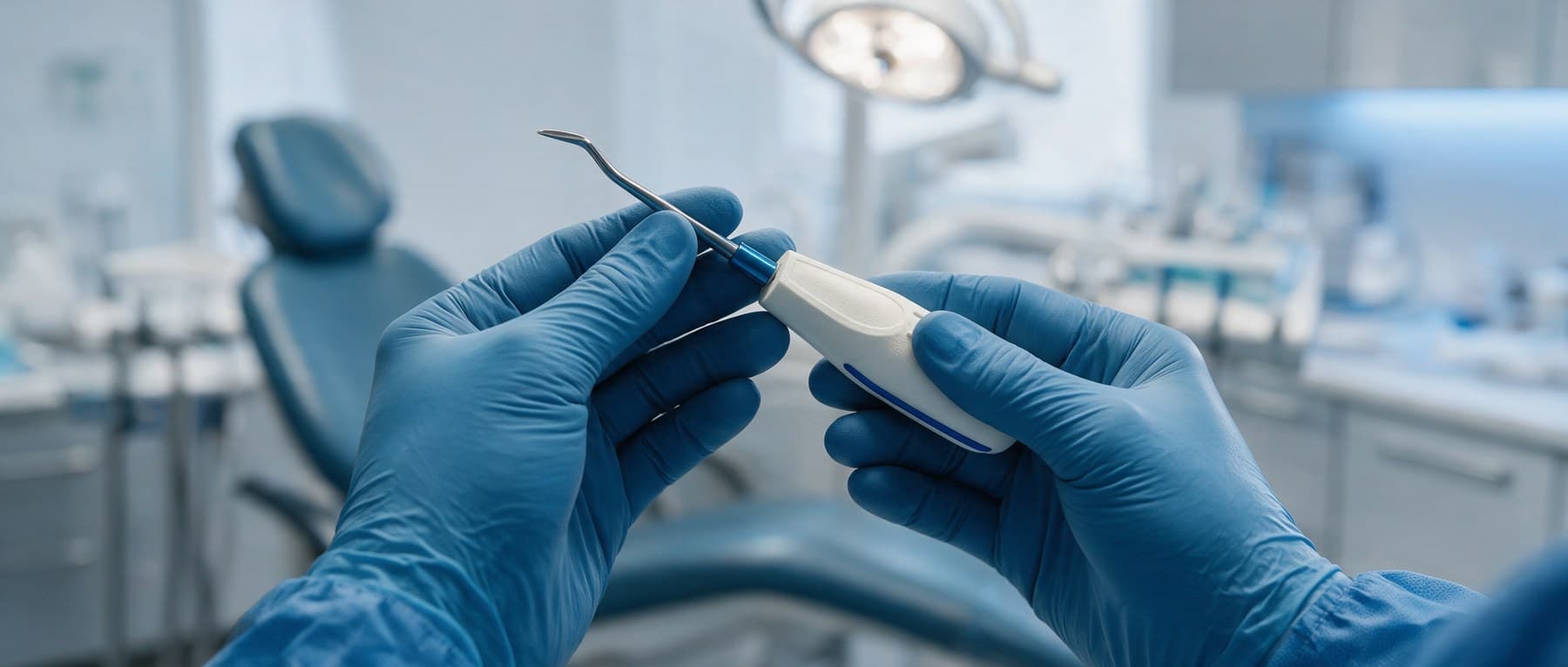 Gloved hands holding a dental instrument beside the chair